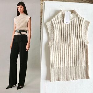 New Mango Perkins Neck Beige Sleeveless Ribbed Turtleneck Sweater